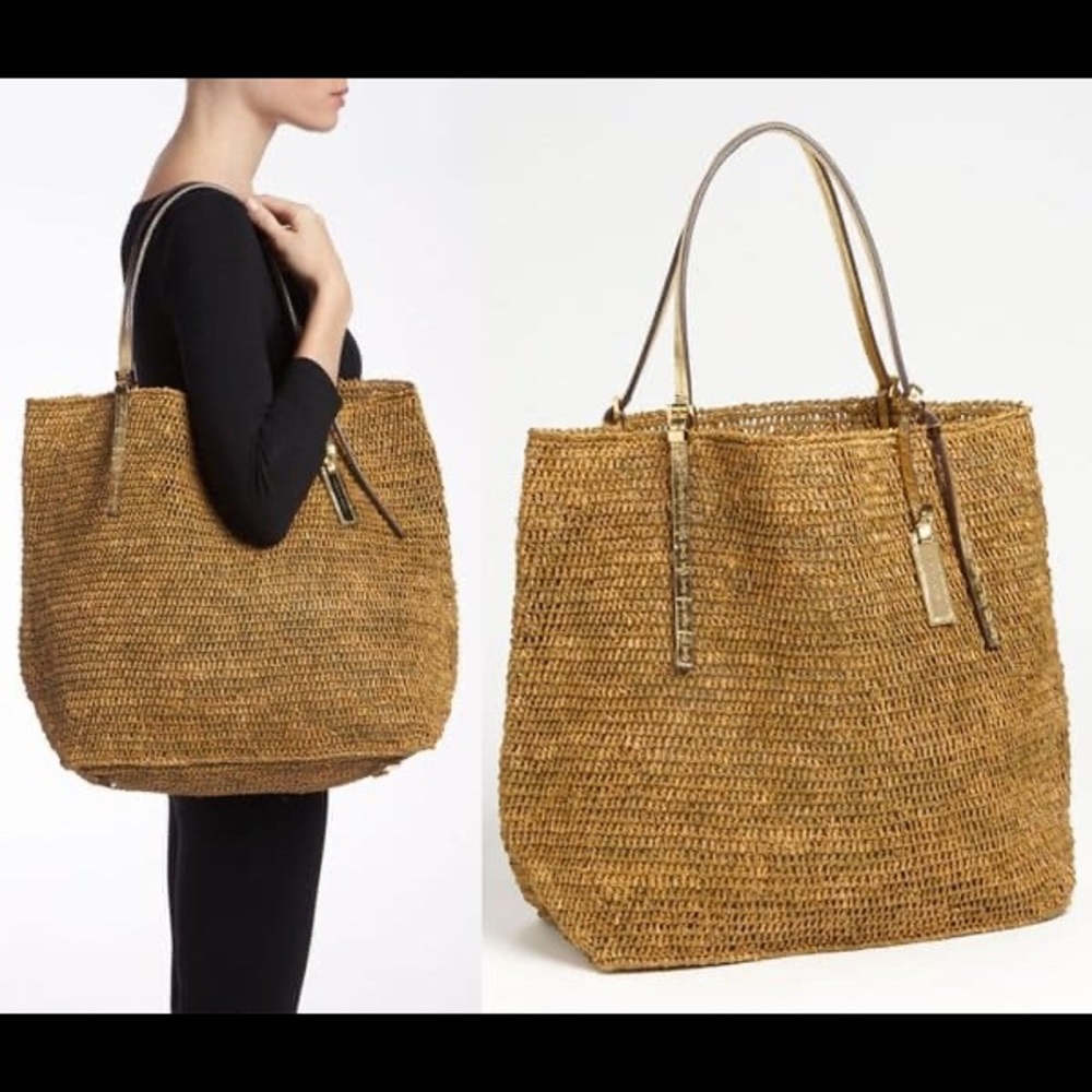 Women's Brown Santorini Raffia Tote- gold